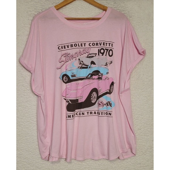Terra Sky Tops - Terra Sky Chevrolet Corvette Tshirt Pink Plus Size 2X (20W-22W) Cap Sleeve 1323